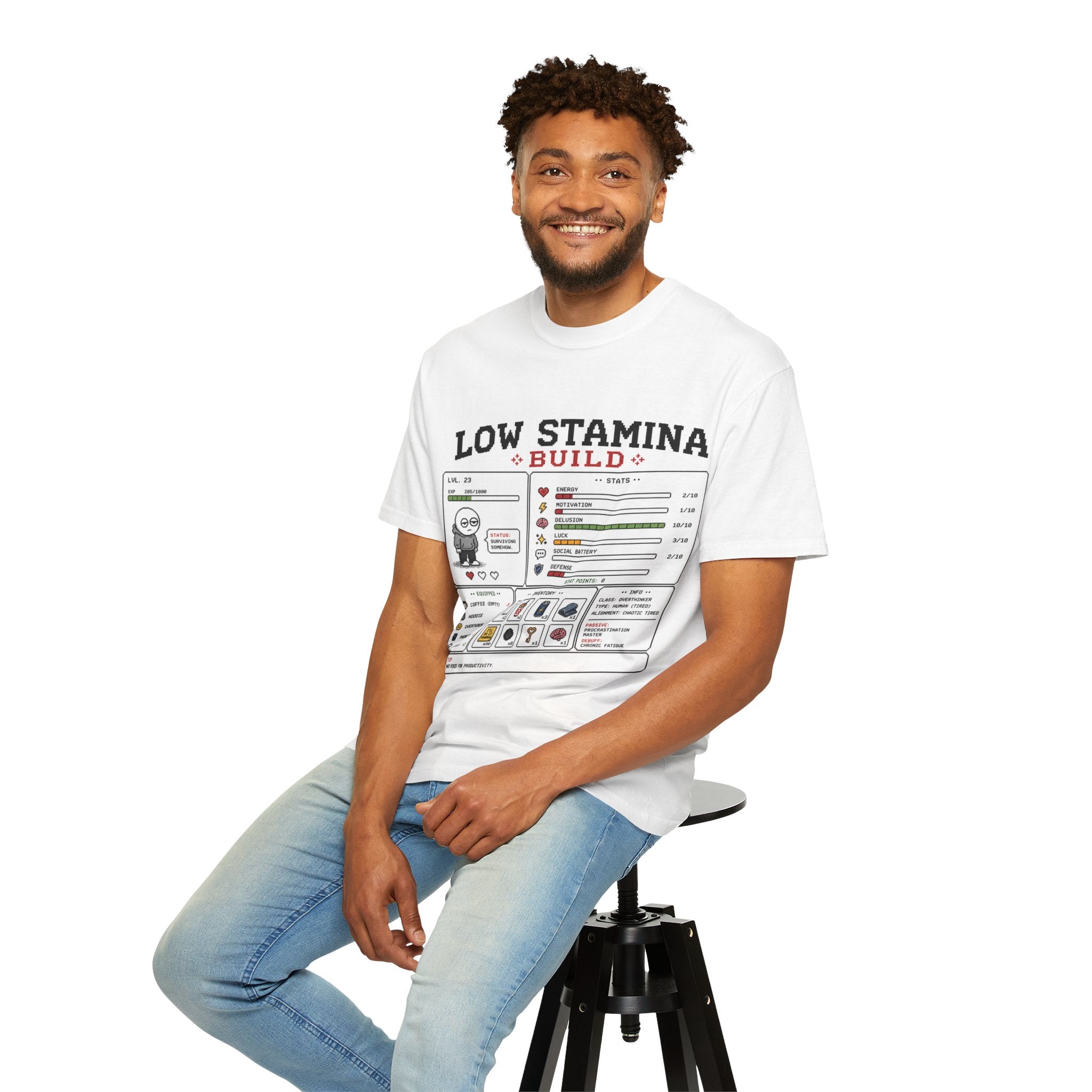 Low Stamina Build T-Shirt — Funny RPG Gamer Stats Tee