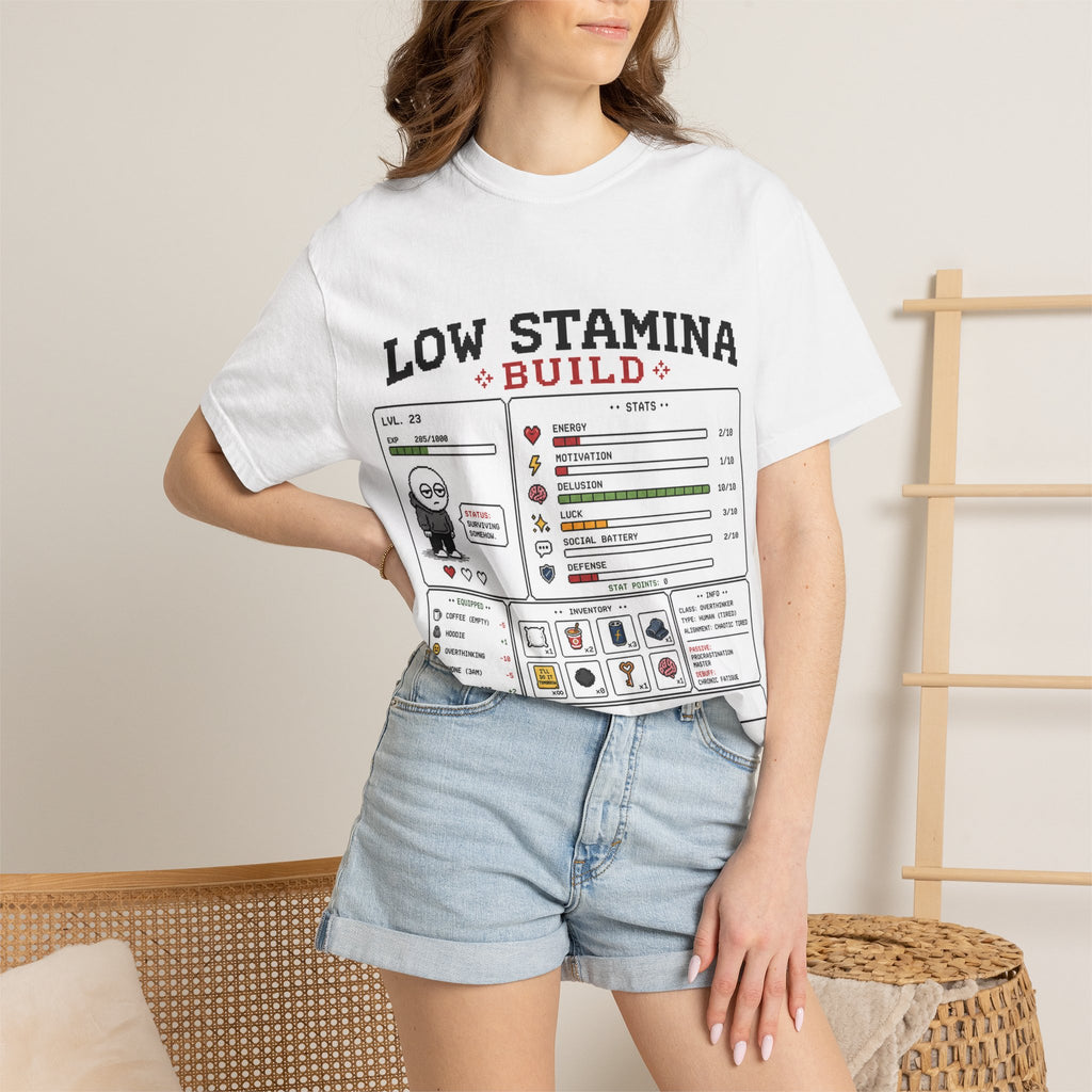 Low Stamina Build T-Shirt — Funny RPG Gamer Stats Tee