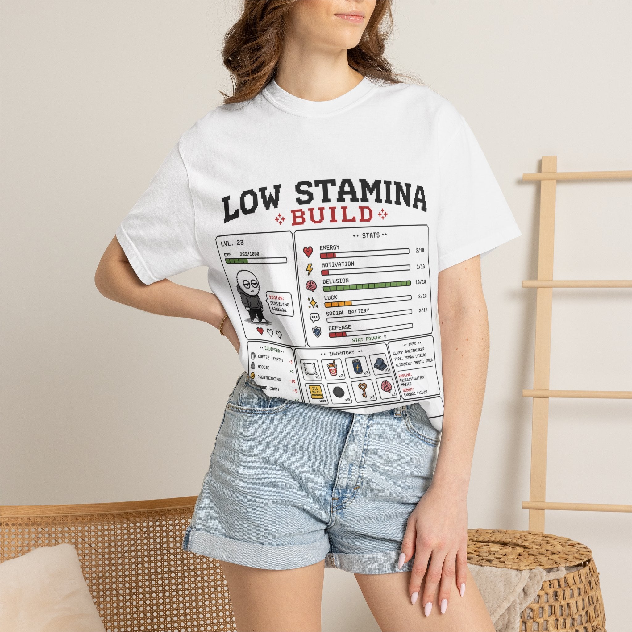 Low Stamina Build T-Shirt — Funny RPG Gamer Stats Tee