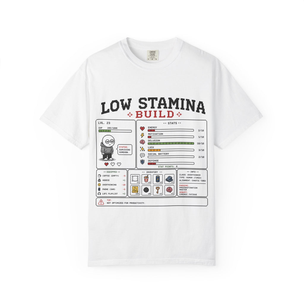 Low Stamina Build T-Shirt — Funny RPG Gamer Stats Tee