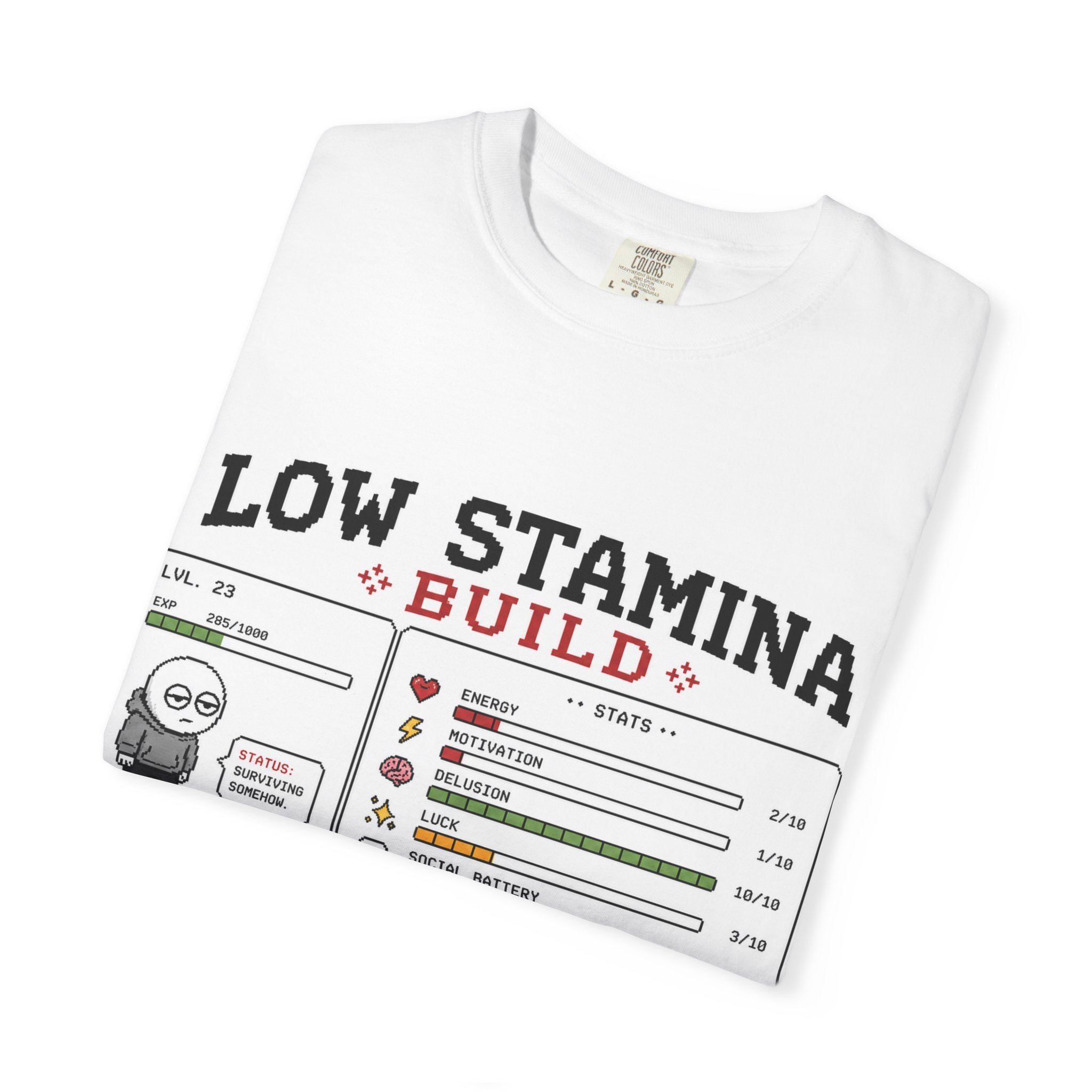 Low Stamina Build T-Shirt — Funny RPG Gamer Stats Tee